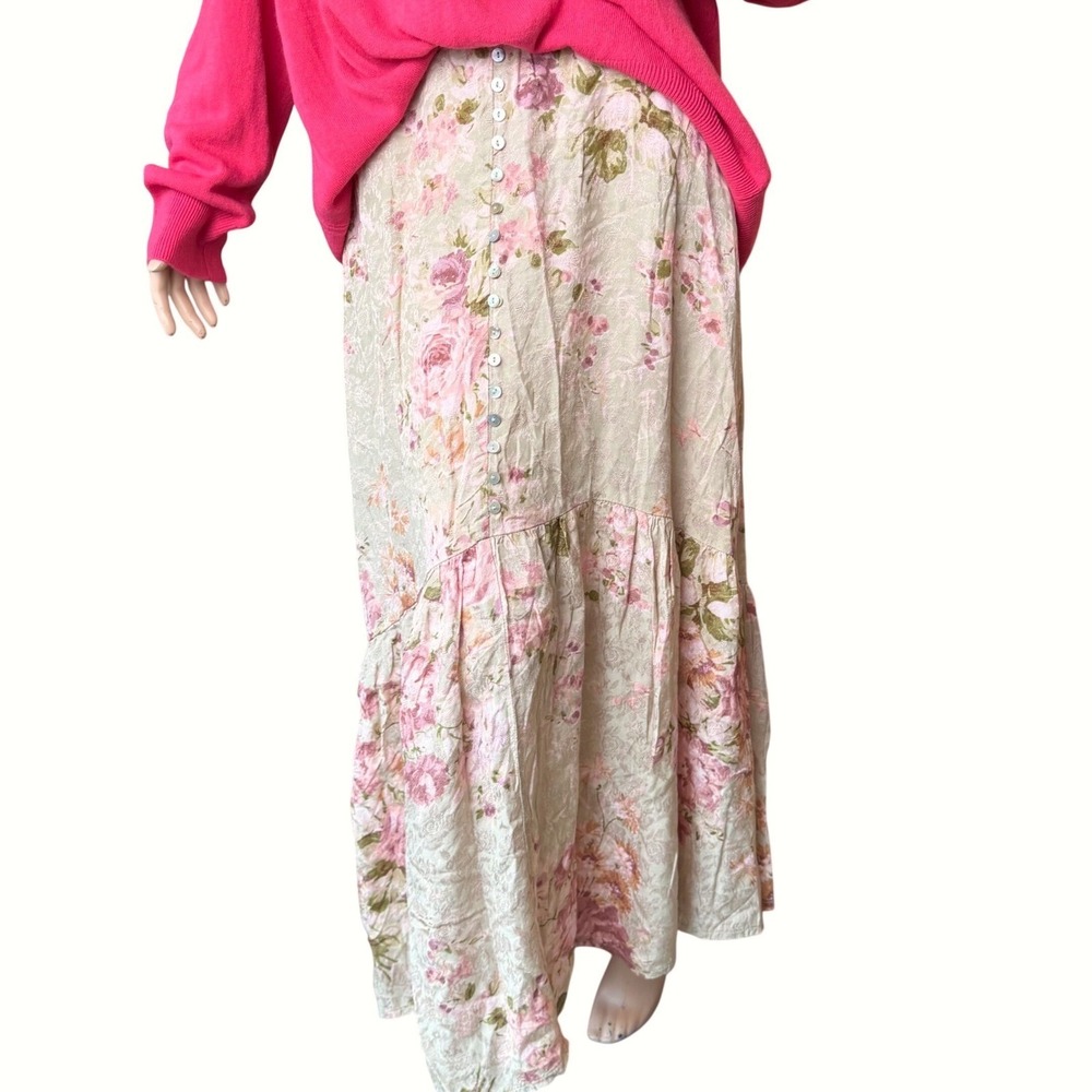 April Cornell Floral Maxi Skirt Button Front Cottagecore Boho Pink Tan Rayon XS